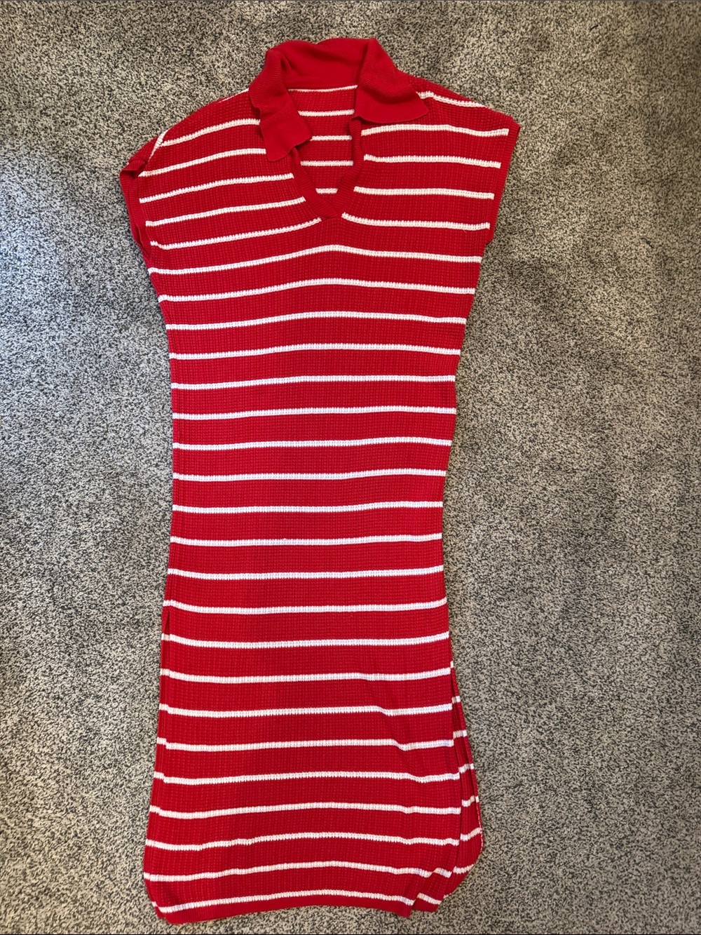 Red and White Striped Midi Knit Dress with Collar